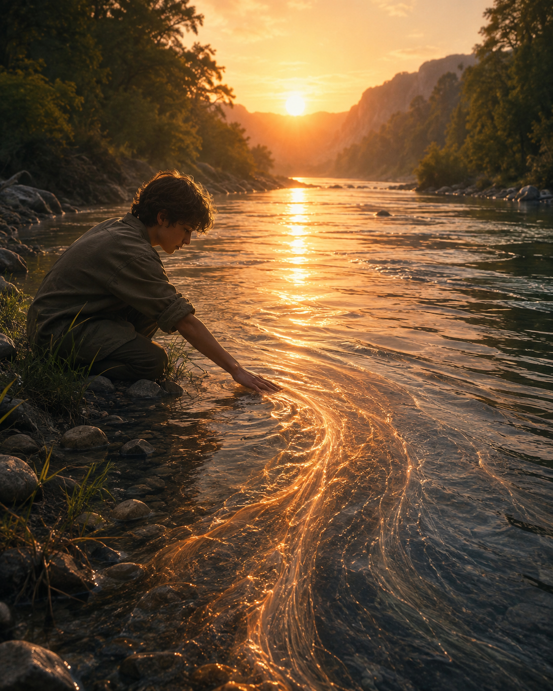 Ein junger Mann berührt am Flussufer das fließende Wasser im goldenen Abendlicht zwischen bewaldeten Bergen.