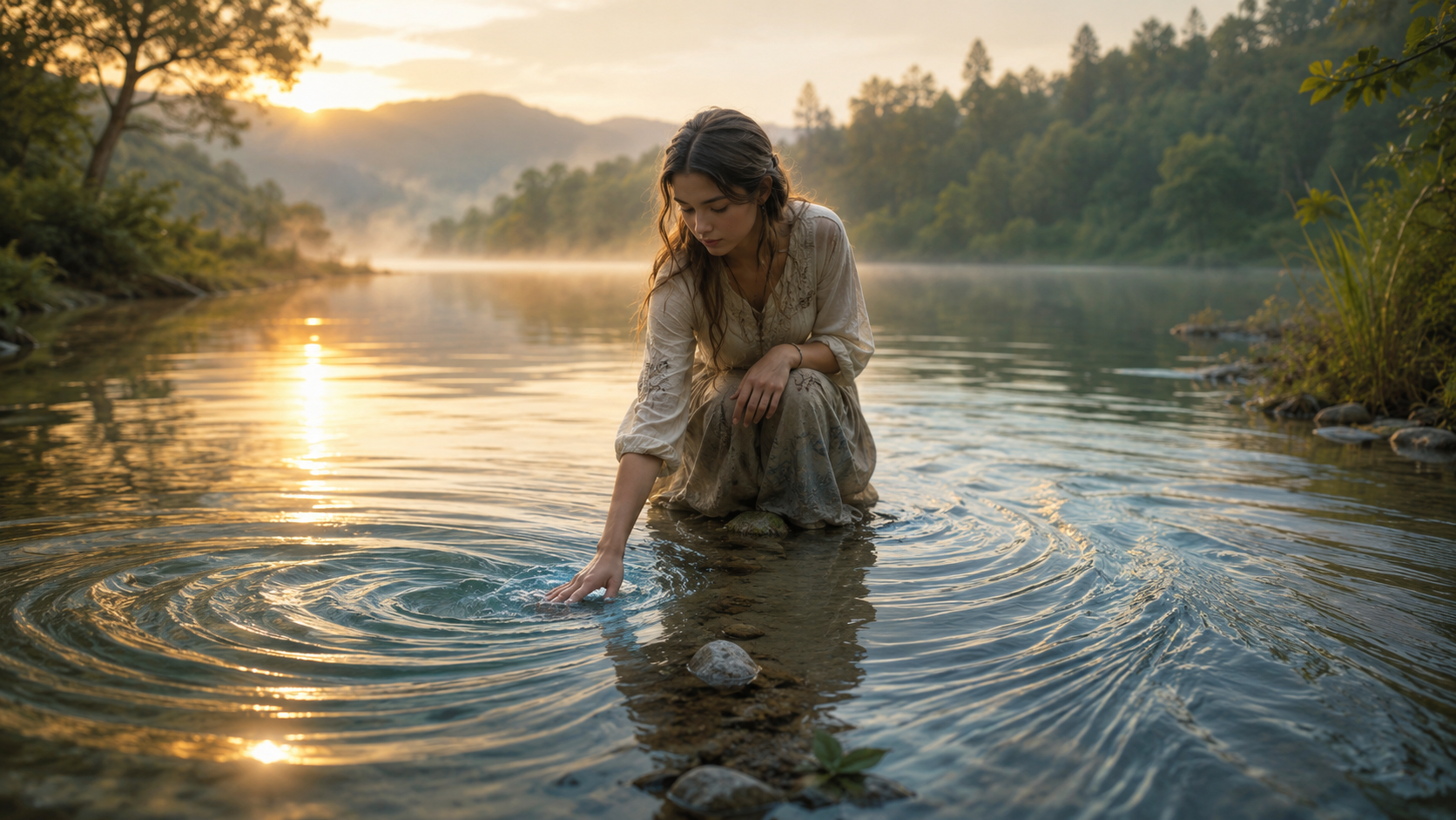Eine Frau berührt ankommendes Wasser im Fluss und erzeugt kreisförmige Wellen im goldenen Abendlicht.