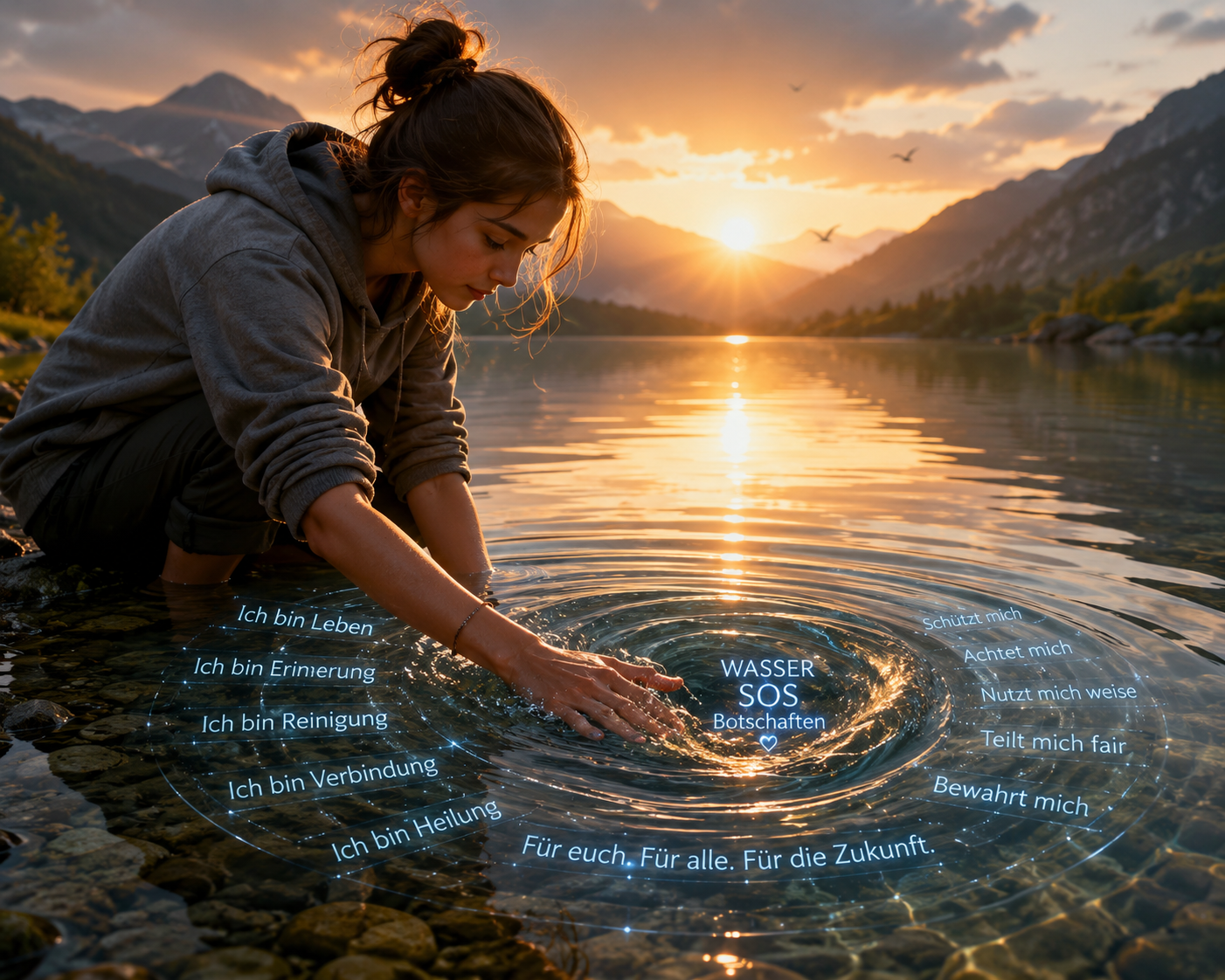Eine Frau berührt klares Wasser im Bergsee; darüber stehen Botschaften wie „WASSER“, „SOS“ und „Ich bin Heilung“.