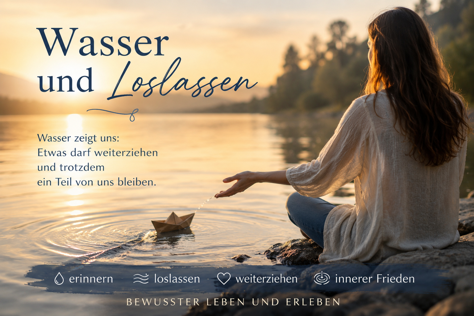 Eine sitzende Frau lässt ein Papierboot auf dem Wasser treiben, während „Wasser und Loslassen“ zum Weiterziehen einlädt.