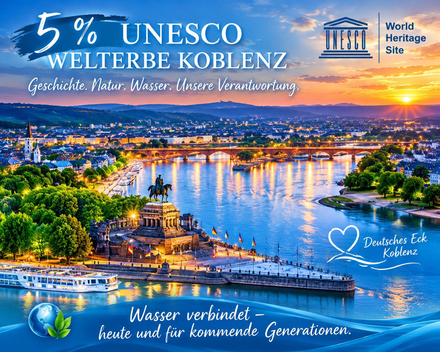 Abendliches Rheinpanorama in Koblenz mit Deutschem Eck, beleuchteter Stadt und dem Schriftzug 5 % UNESCO Welterbe Koblenz