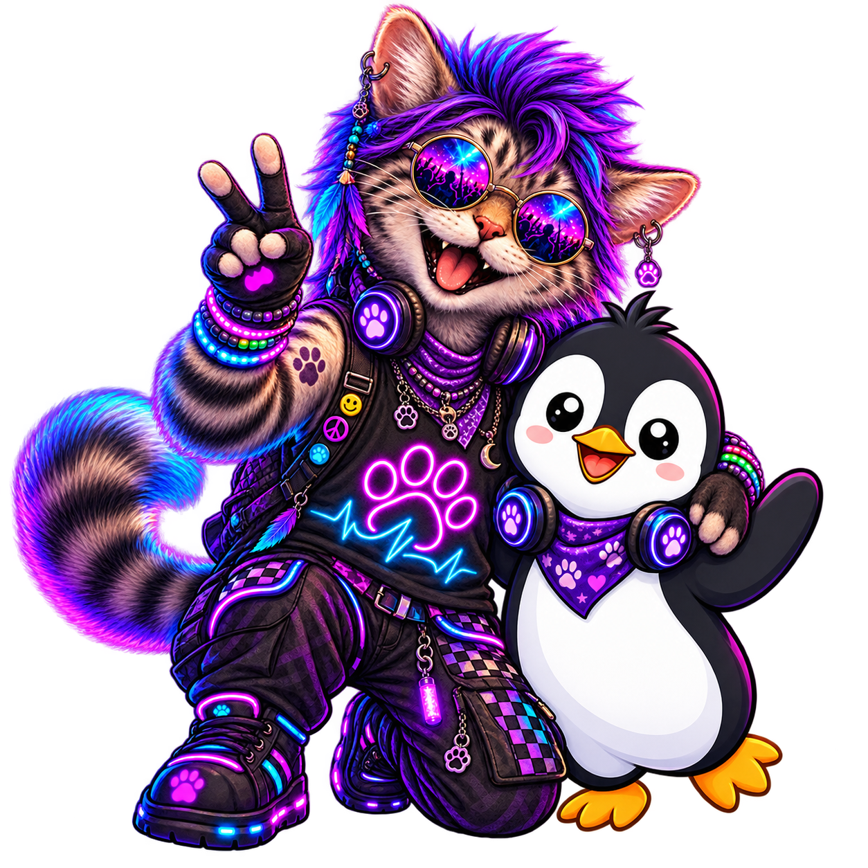PinguinRaver winkt in violetter Punk-Mode mit Sonnenbrille und leuchtenden Accessoires neben einem fröhlichen Pinguin.