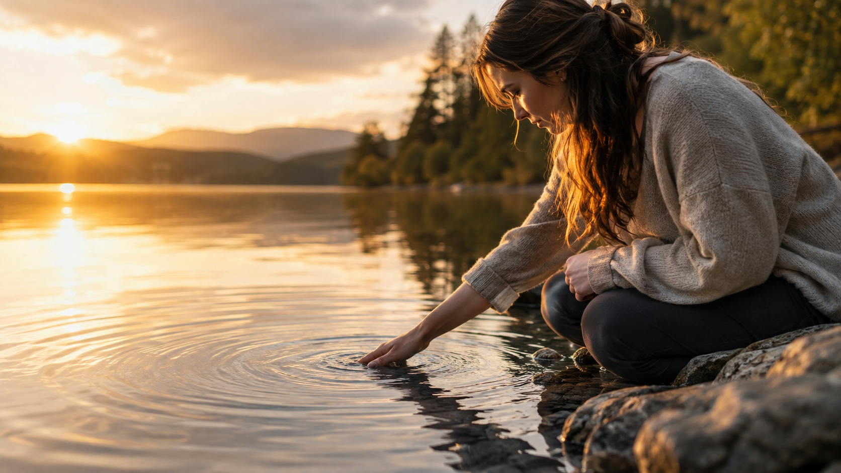 Eine Frau berührt bei Sonnenuntergang mit den Händen die Wasseroberfläche eines Sees und erzeugt sanfte Wellen.